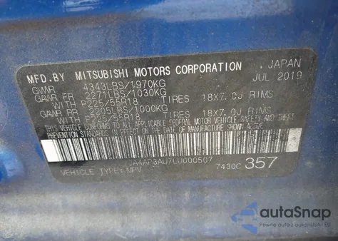 2020 Mitsubishi Outlander Sport 2.0 Be/2.0 Es/2.0 Sp z USA, uszkodzony, nr VIN JA4AP3AU7LU000507